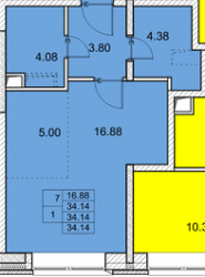 Однокомнатная квартира 34.14 м²