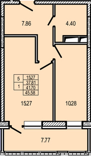 Однокомнатная квартира 45.58 м²