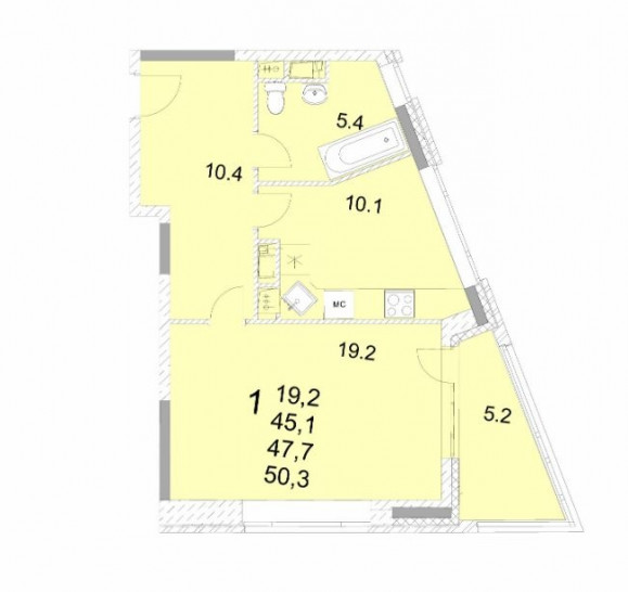 Однокомнатная квартира 48.3 м²