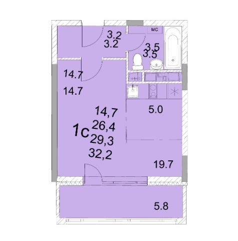 Однокомнатная квартира 30 м²
